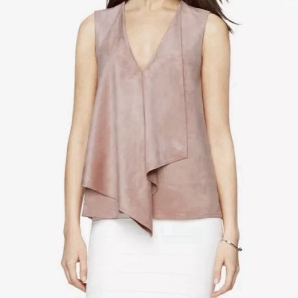 BCBG Western Boho Dusty Rose Faux Suede Asymmetrical Drape Sleeveless Blouse